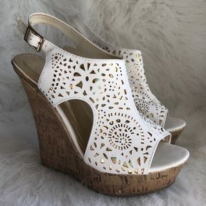 White & Gold Faux Cork Wedges - Size 7